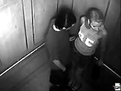 A blonde babe gets on her knees and sucks cock in elevator